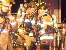 Sr. Rescueman McCarthy and Firefighters McGovern, Maurer and Agostini exiting one of many fire buildings. Photo courtesy of Coatesville Fire Dept.